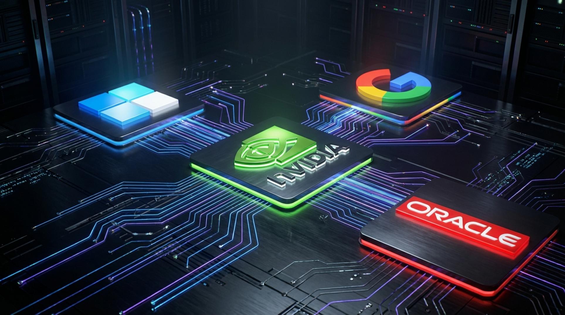 엔비디아와 빅테크 기업(MS, 구글, 오라클)의 파트너십을 상징하는 네트워크 이미지