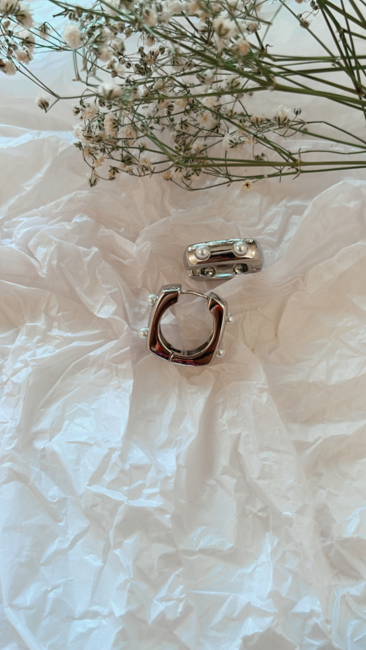 Silver Square Hoops with Pearls