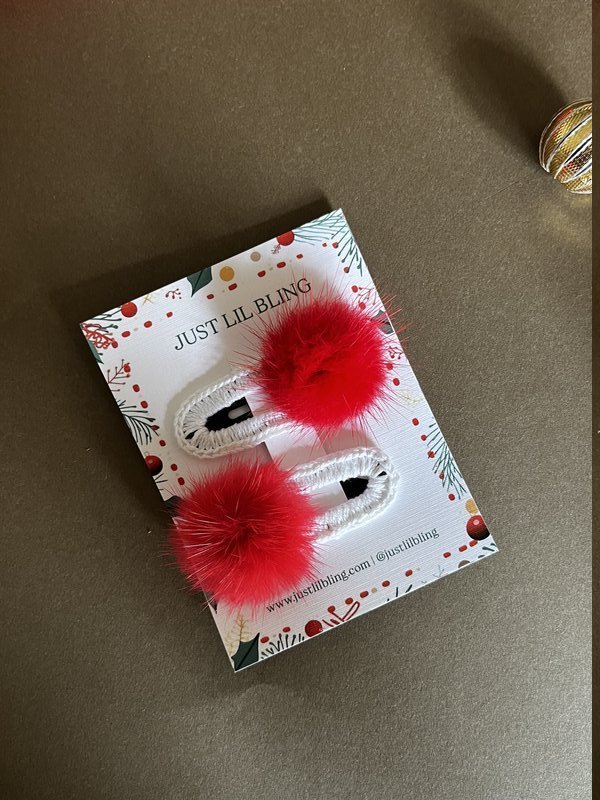Red & White Pom Pom Snap Clips (Pair)