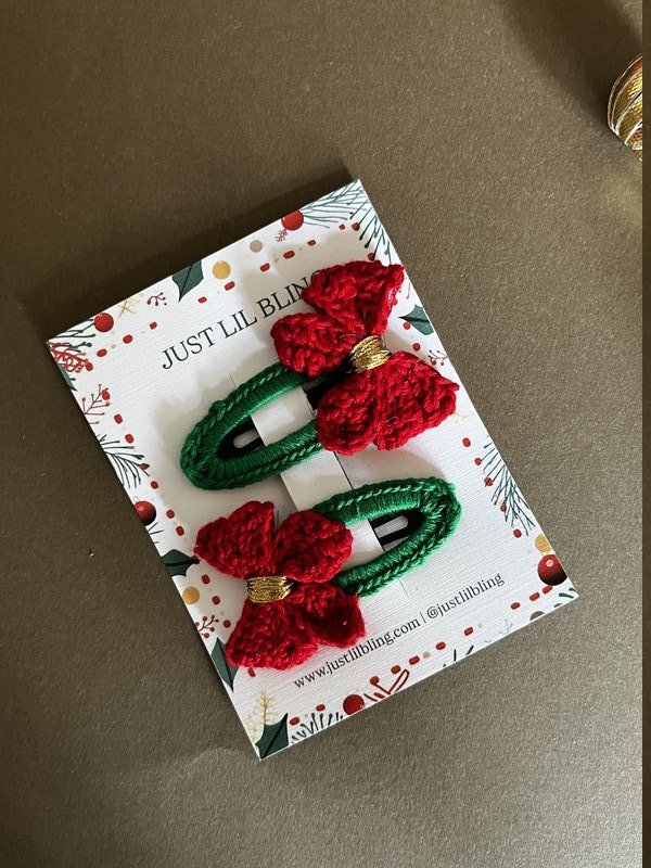 Green and Red Bow Snap Clips (Pair)