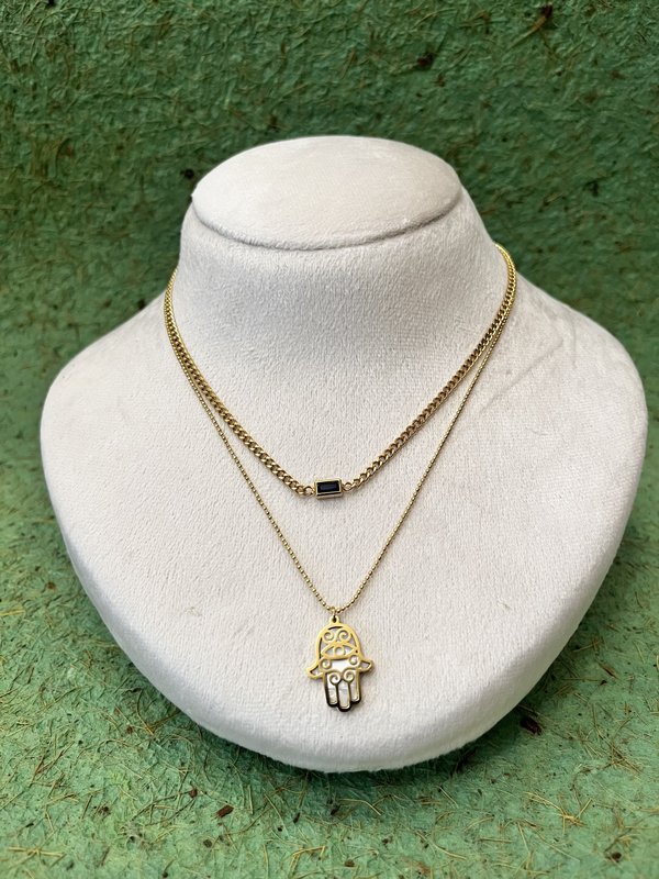 Double Layer Hamsa With Blue Stone Necklace