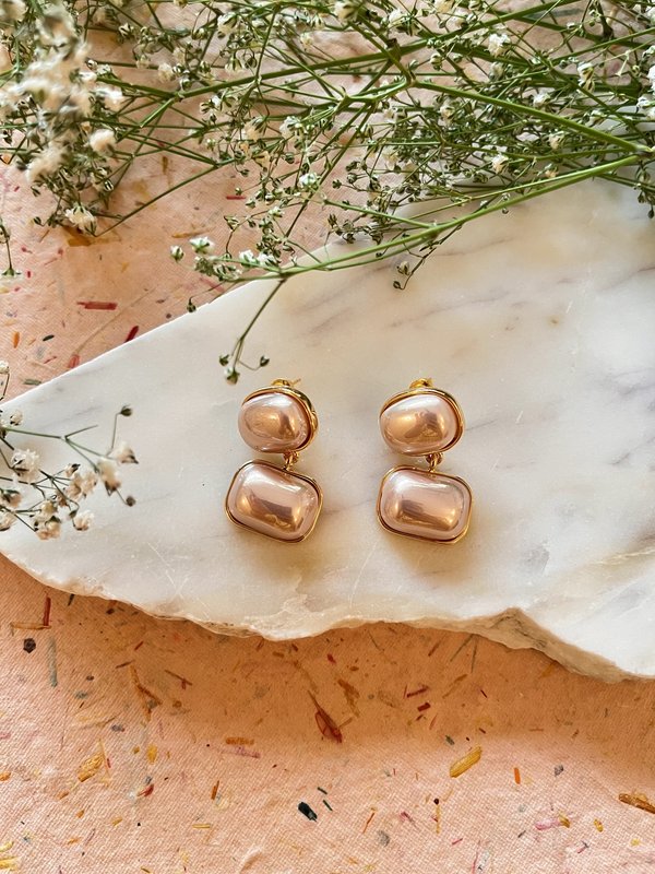 Double Layer Pearl Earrings - Pink