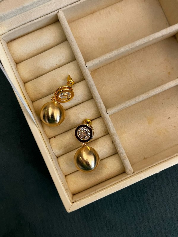 Diamond and Matte Gold Ball Earrings