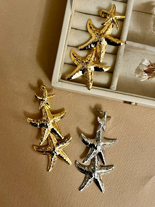 Triple Layer Star Fish Earrings - Silver