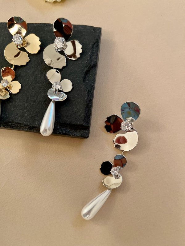 Silver - Half Flower with Pearl Drop Earrings