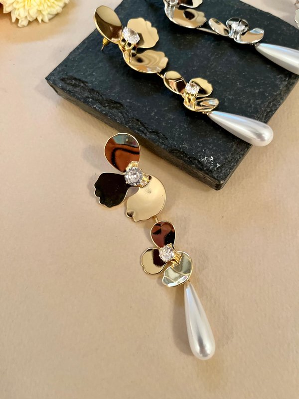 Gold - Half Flower with Pearl Drop Earrings