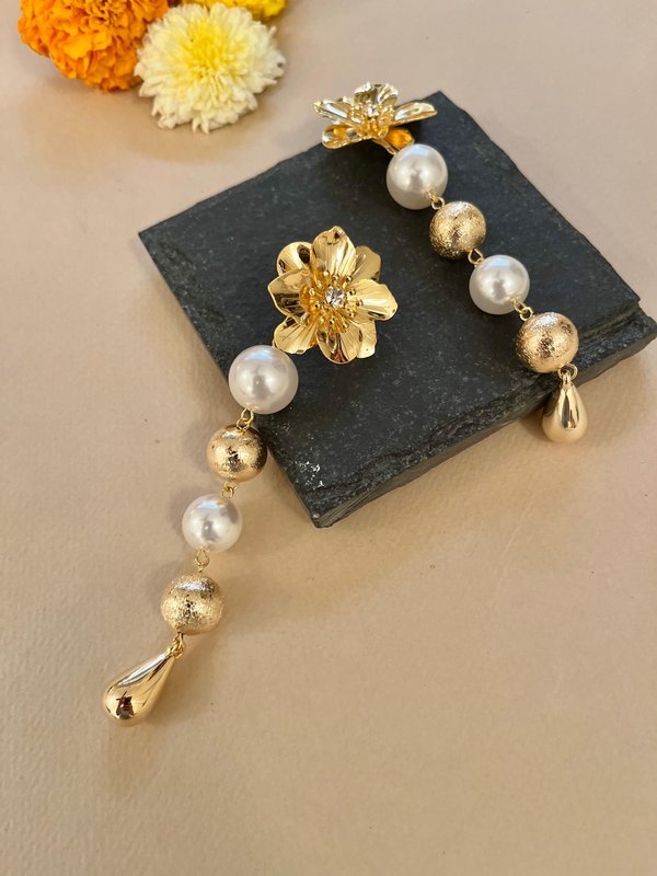 Extra Long Pearl & Gold Floral Earrings