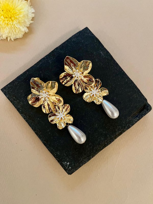 Floral Double Layer Pearl Drop Earrings