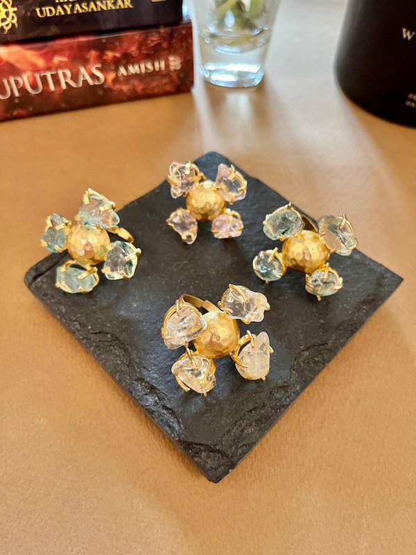 Hammered Gold & Natural 4 Stone Rings - White/ Pink/ Green/ Blue 