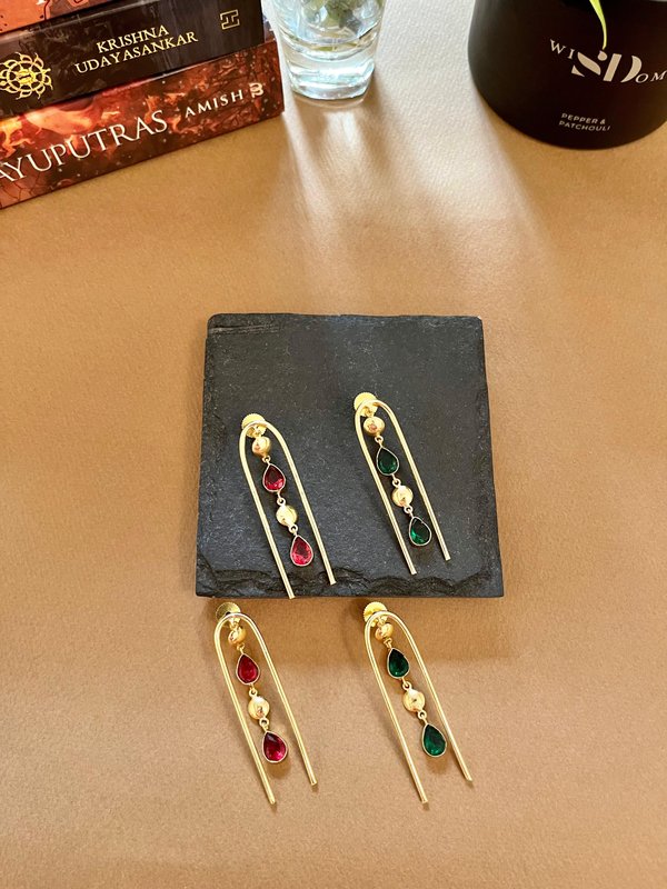 Gold U-Shape Earrings (Pink/Green)