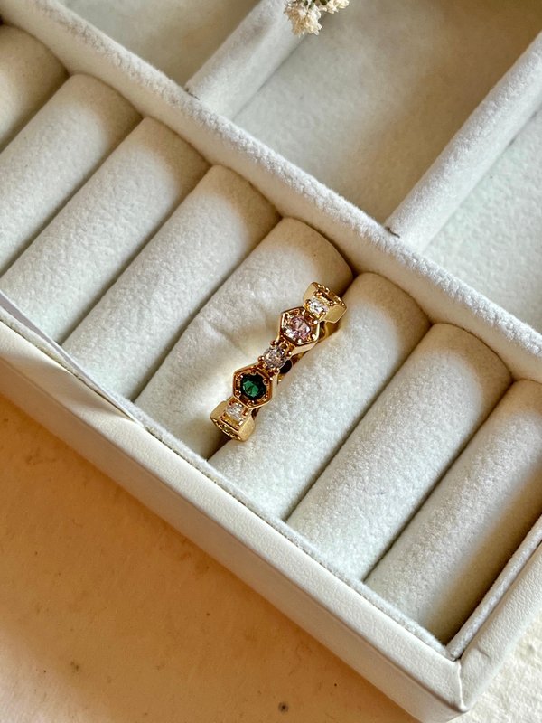 Mukticolor Hexagon Shape Crystal Ring