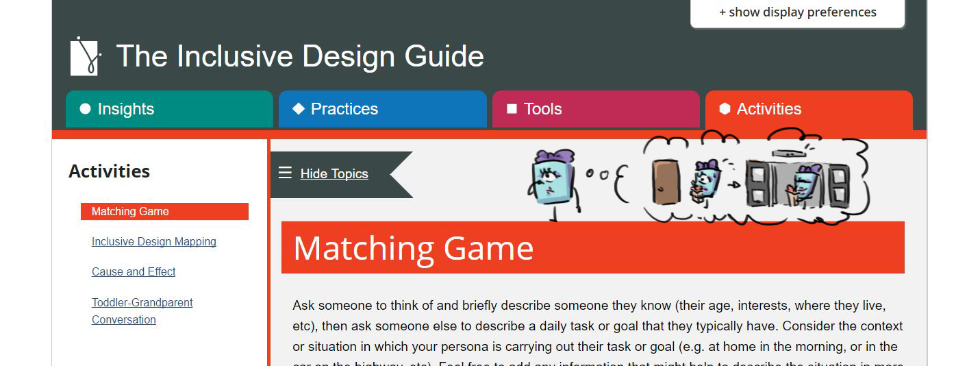 A picture of a square in the matching game page of the Inclusive Design Guide thinking about how automatic doors make it easier for people with armfuls of groceries.