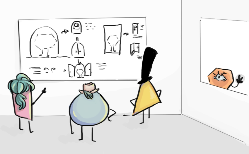 A rectangle, circle and triangle are looking at a whiteboard discussing how to make a doorway for a hexagon while a hexagon looks longingly from a window with tears in their eyes, wishing to be part of the conversation.