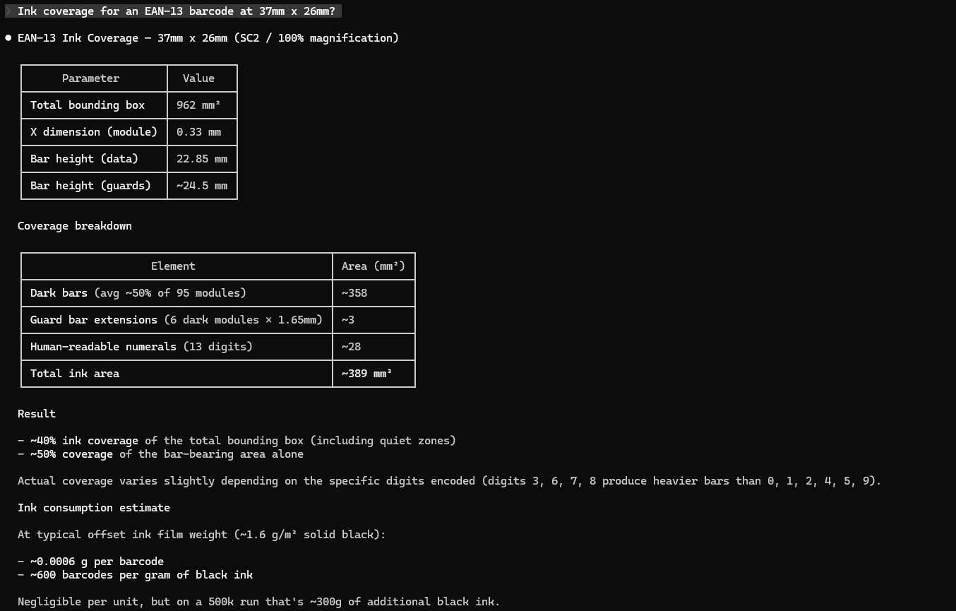 Barcode ink coverage analysis example