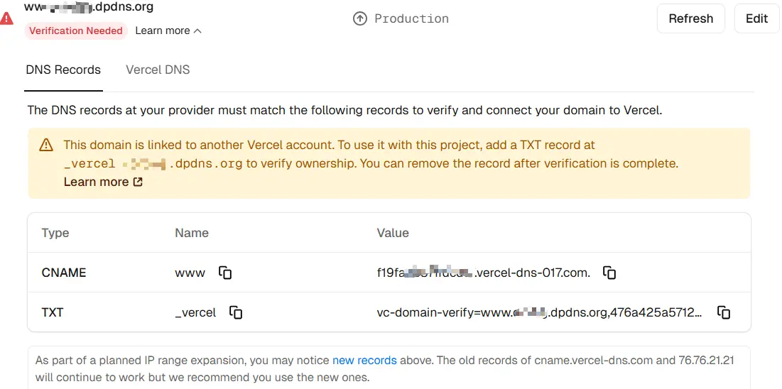 vercel校验不通过，需要在原服务器添加校验records