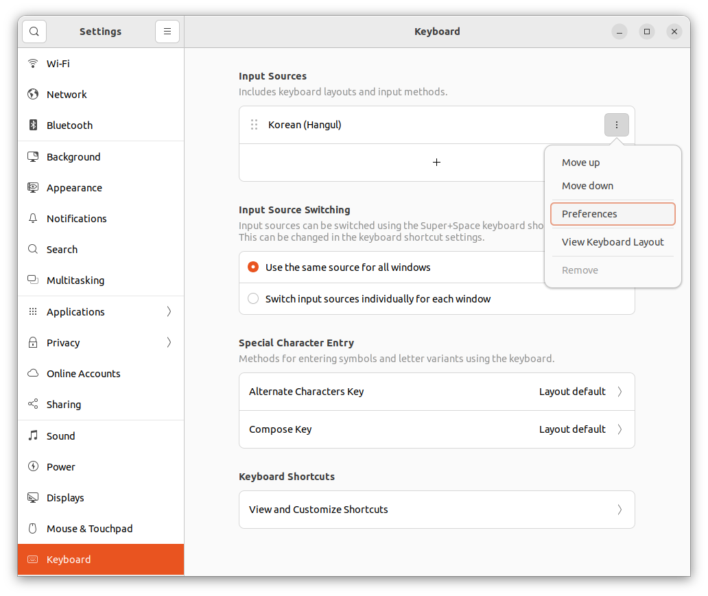 Settings - Keyboard - Korean(Hangul)