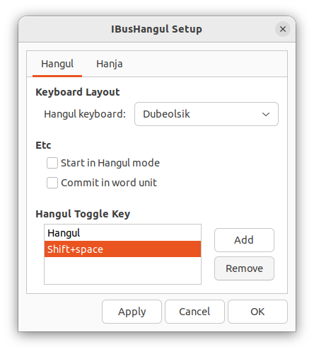 Settings - Keyboard - Korean(Hangul) - Preferences Hangul