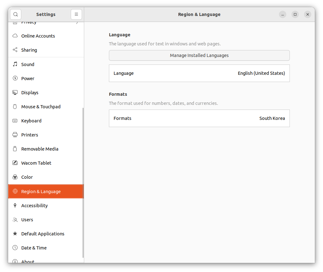 Settings - Region & Language