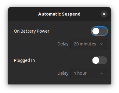 Settings - Power Saving Options - Automatic Suspend