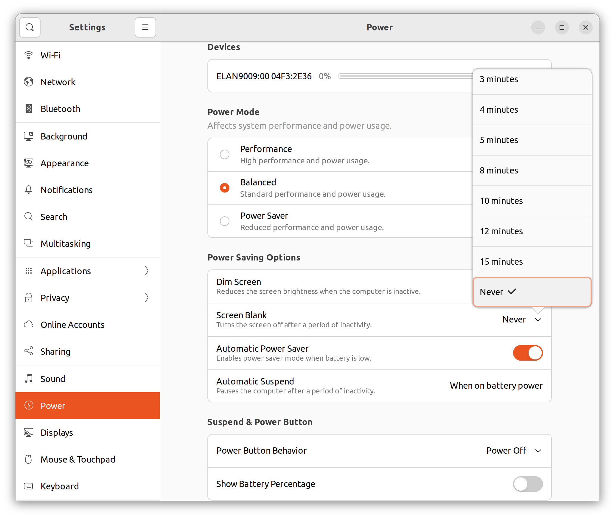 Settings - Power Saving Options - Screen Blank