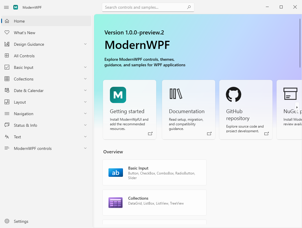 ModernWPF Gallery home screen showing controls, samples, and navigation