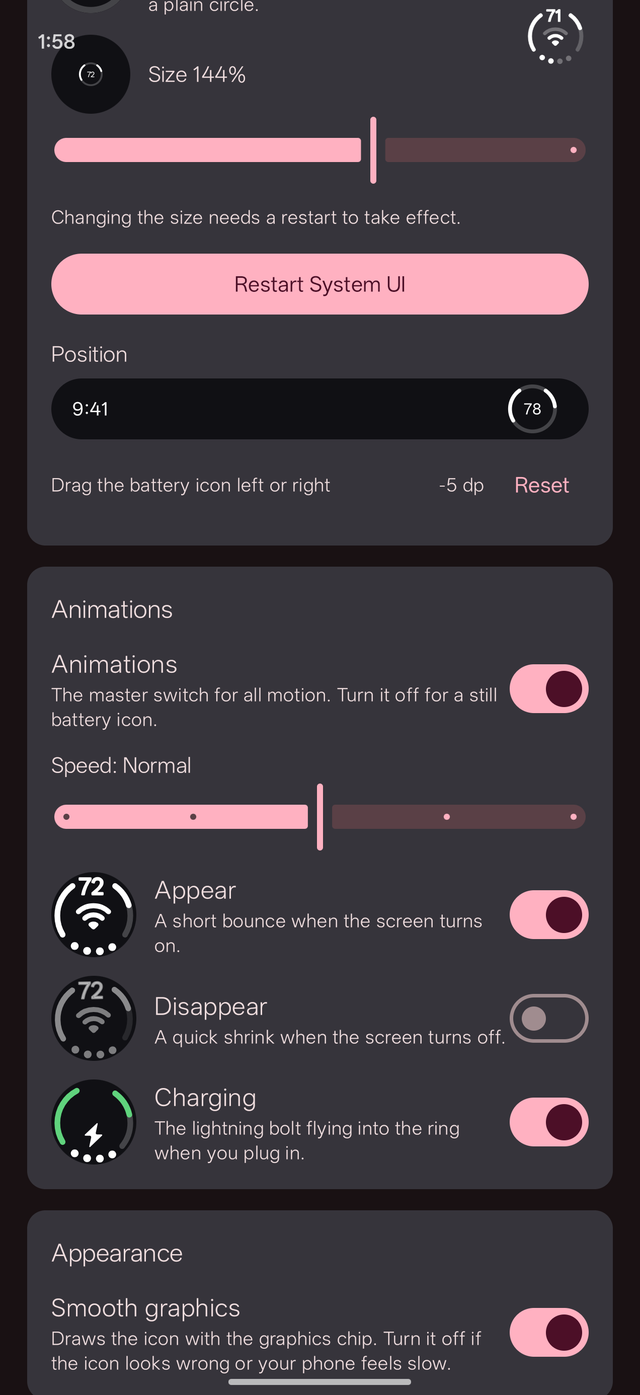 The Animations section with live demos for Appear, Disappear and Charging