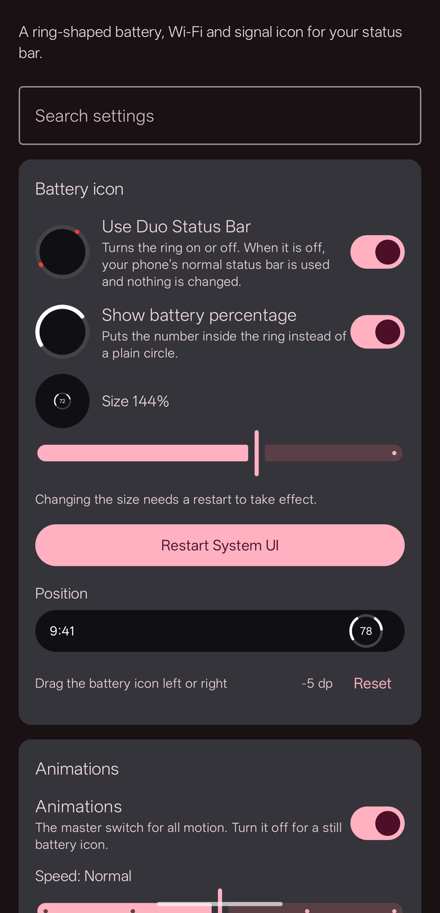 The Duo Status Bar settings screen