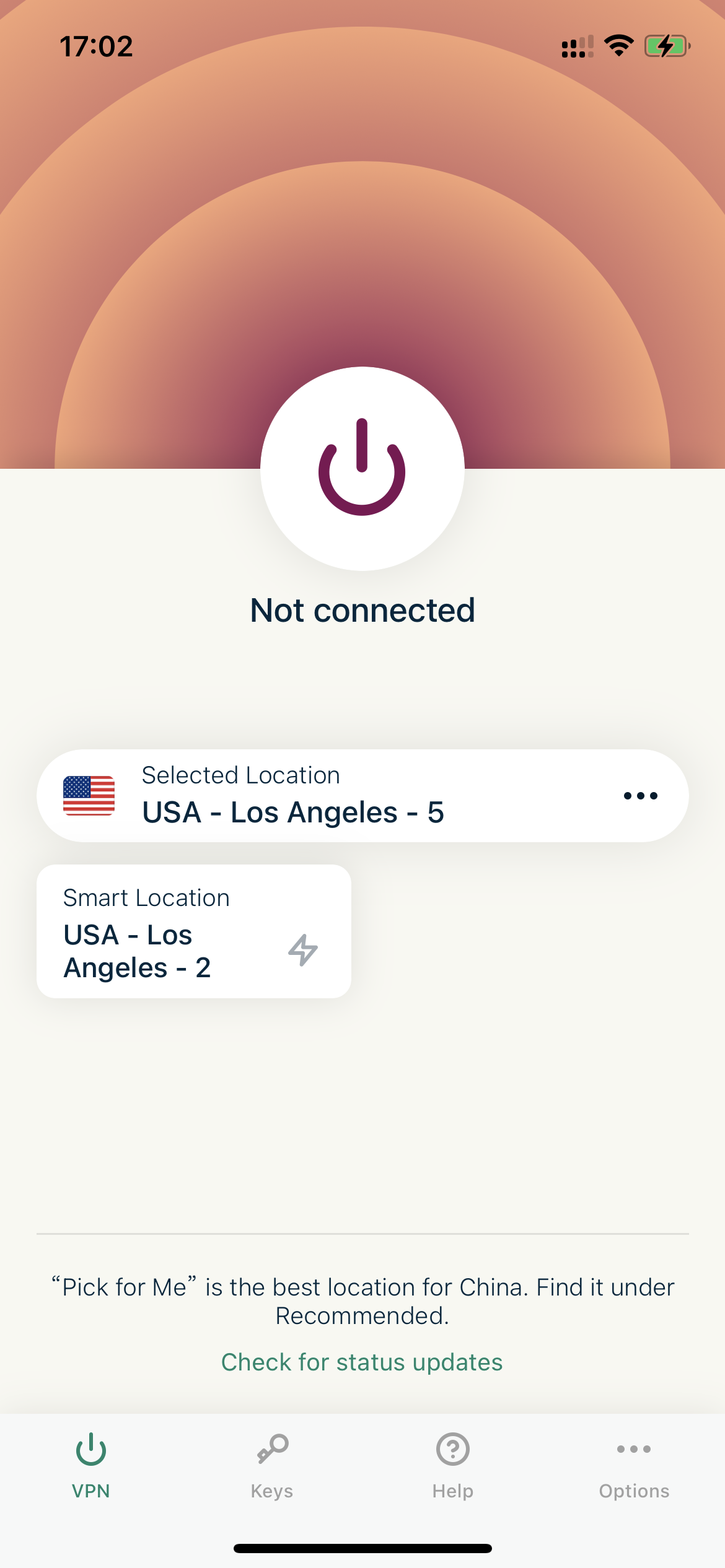home page showing not connected