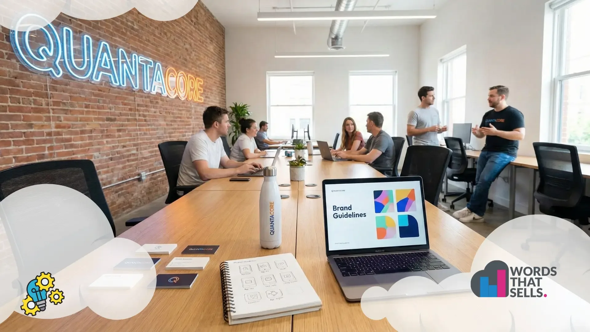 A collection of branded materials like business cards, mugs, and notebooks