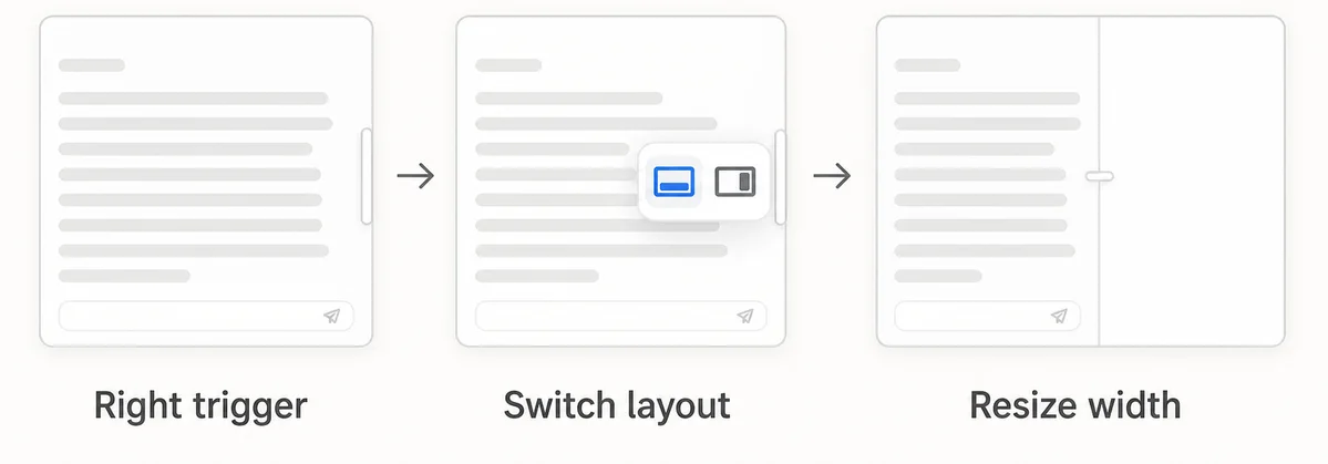 Right-edge handle, layout switch, and right-pane resize