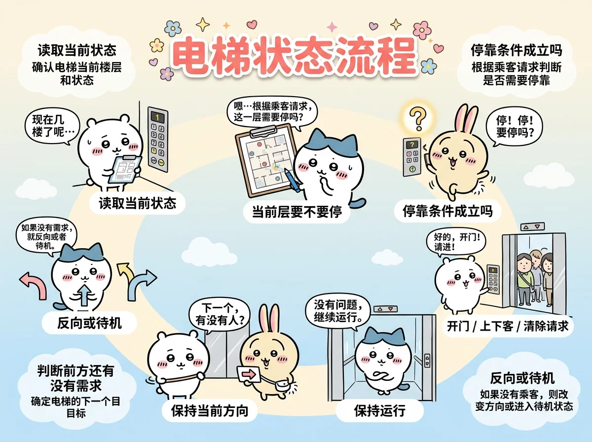 代码视角里的决策循环图解:"读取当前状态"、"当前层要不要停"、停靠条件成立吗