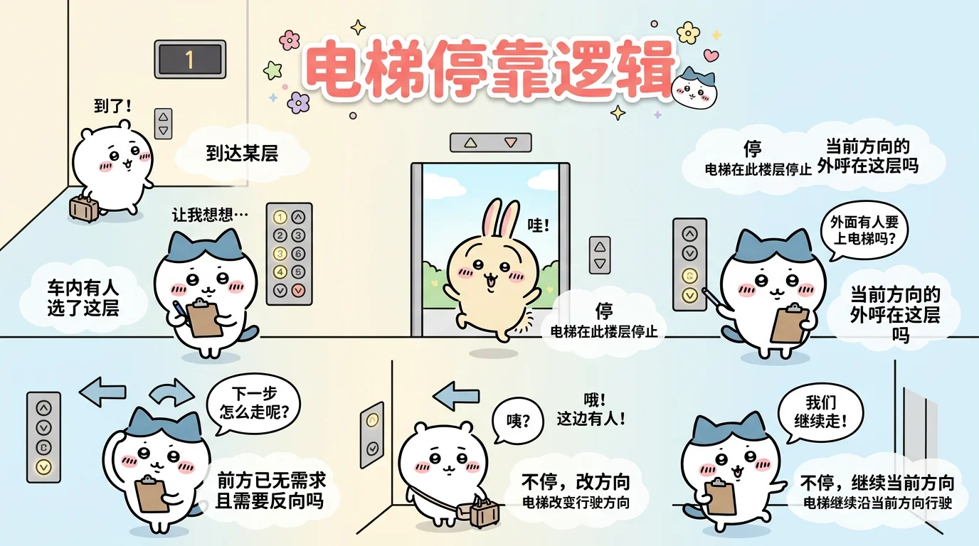 最小判断规则图解:"到达某层"、车内有人选了这层吗、"停"
