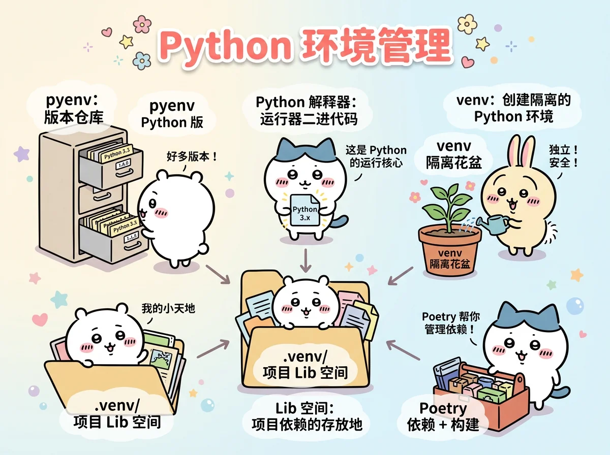 Python 工具链全景图解："pyenv、版本仓库"、"Python 3.x、解释器二进制"