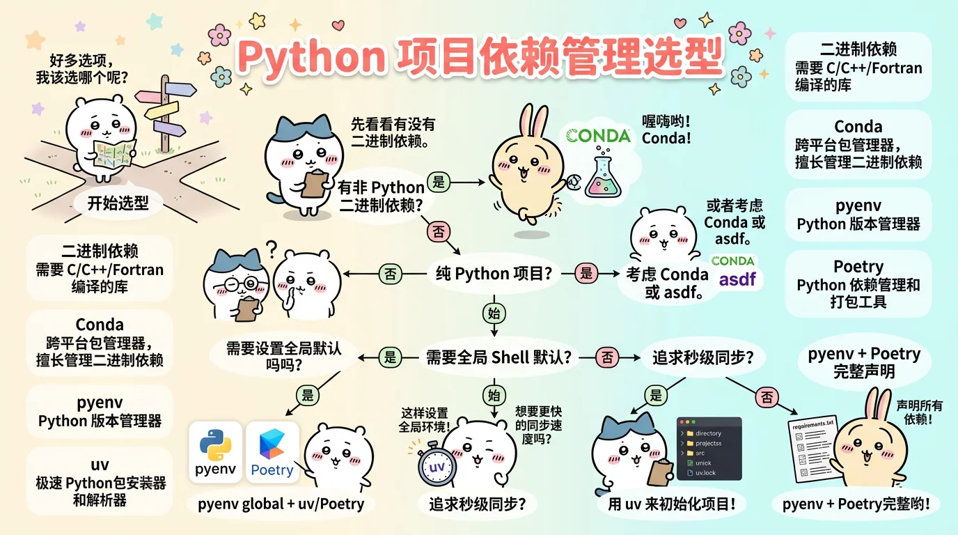 工具选型决策树图解：开始选型、选 Conda、"pyenv global、+ uv/Poetry"