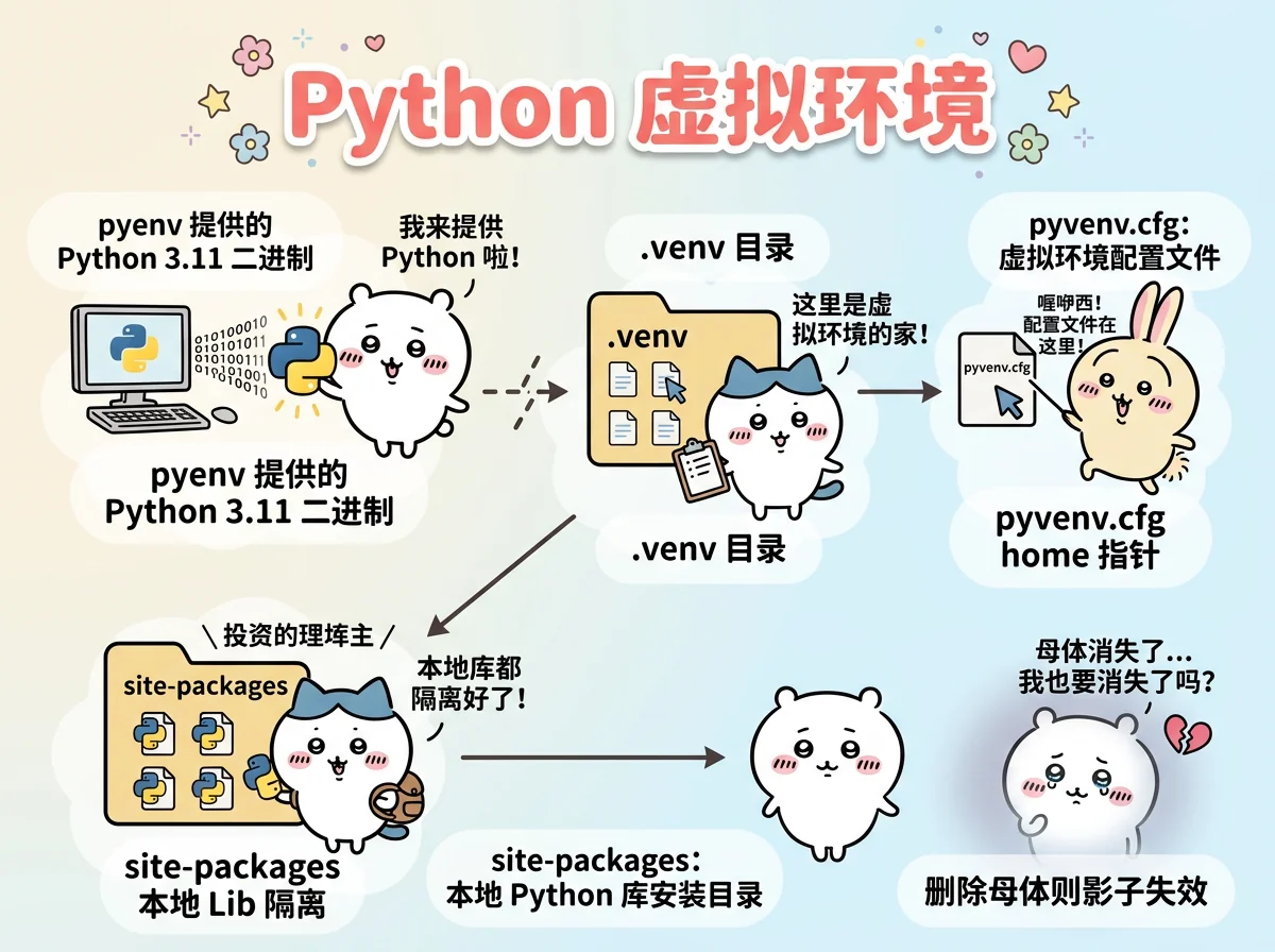venv 的依赖关系链："pyenv 提供的 Python 3.11 二进制"