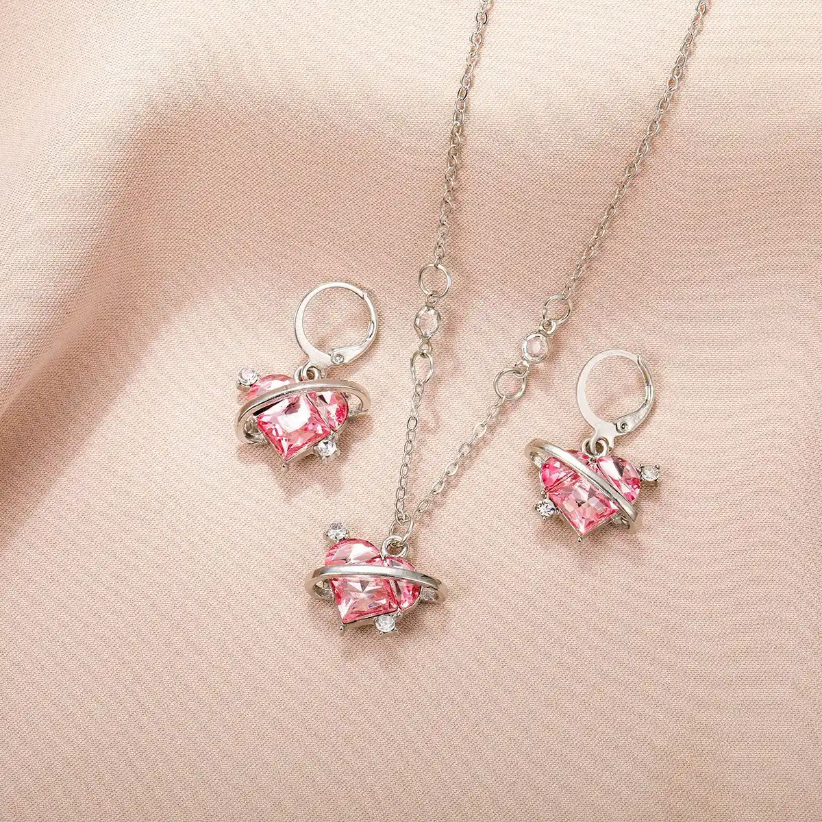 sweet cool style pink zircon love planet earrings necklace set female personality temperament jewelry set 16