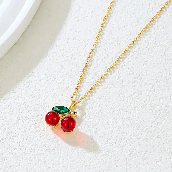 Red cherry green leaf necklace copper alloy 118