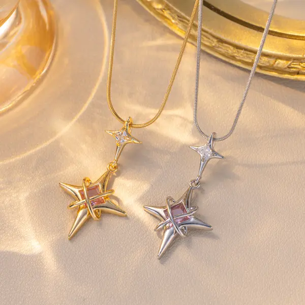 Zircon star copper pendant and stainless steel chain necklace 200