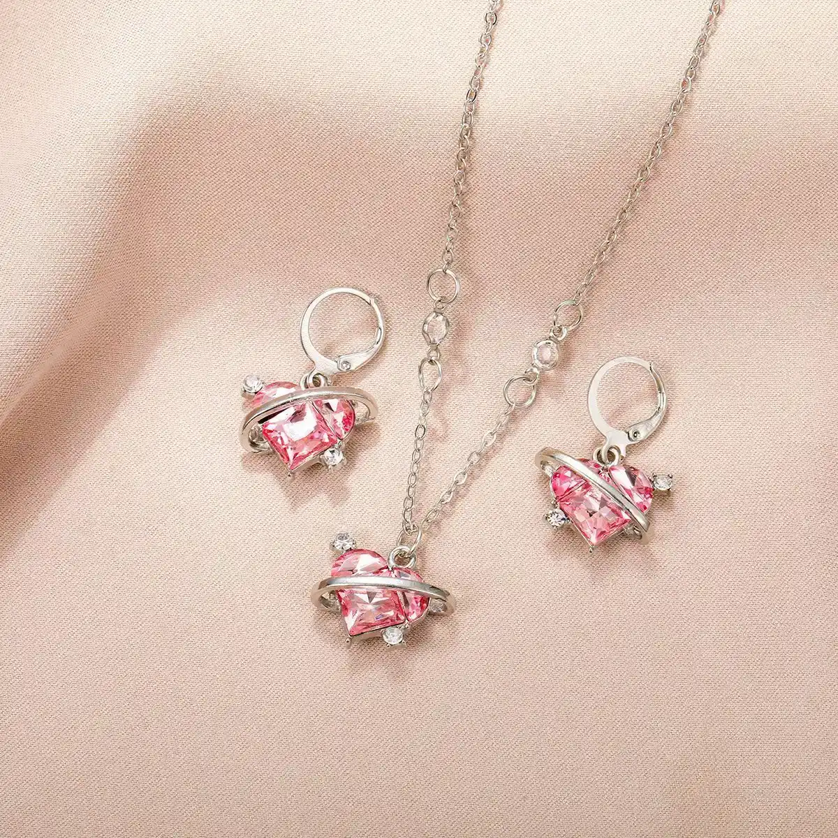 sweet cool style pink zircon love planet earrings necklace set female personality temperament jewelry set✨ 59