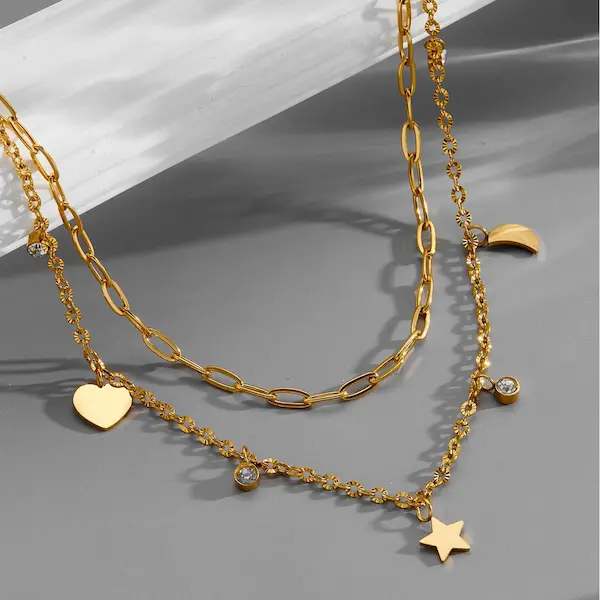 luxury diamond-encrusted star, moon, and heart pendant design, double-layered necklace 32