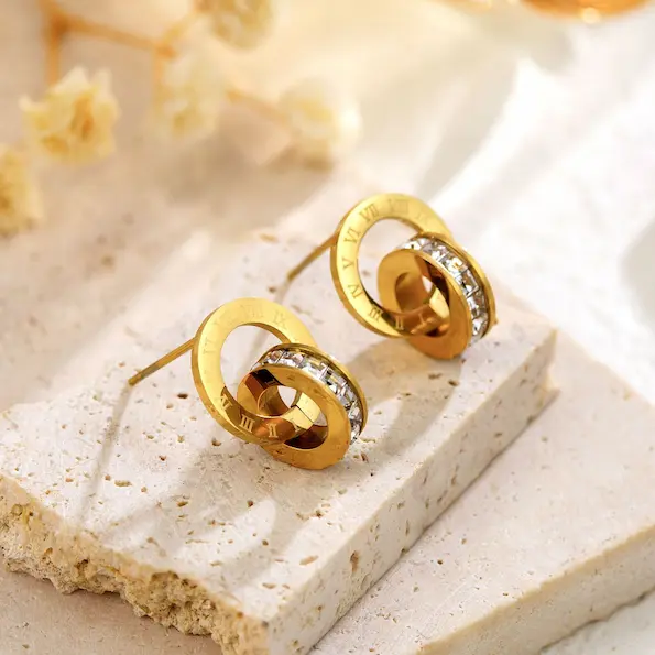Roman numeral double ring full diamond earrings 43