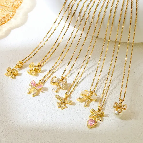sweet bow-adorned zircon geometric design necklace 49