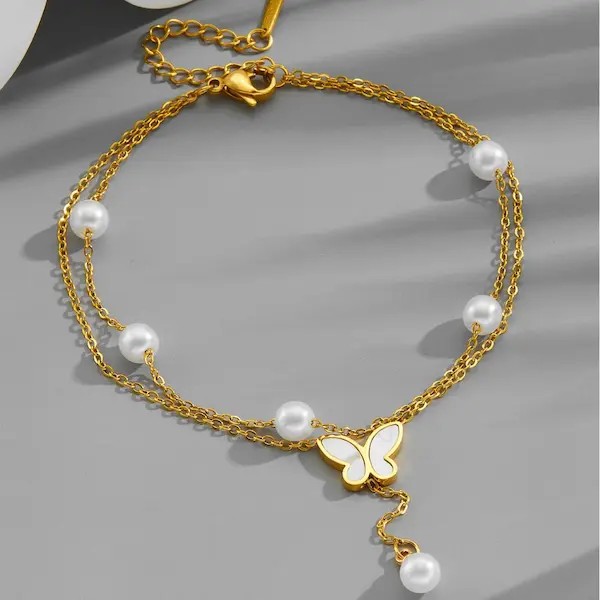 Luxurious multi-layered pearl butterfly tassel  anklet 110