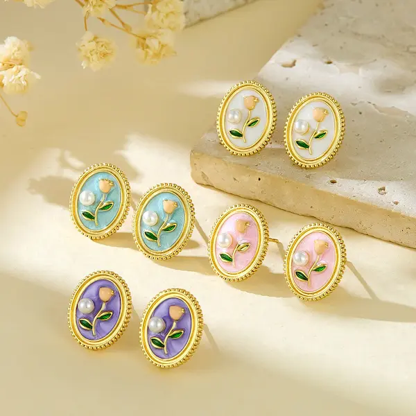 Pearl flower painted enamel stud earrings - TE24-27 126