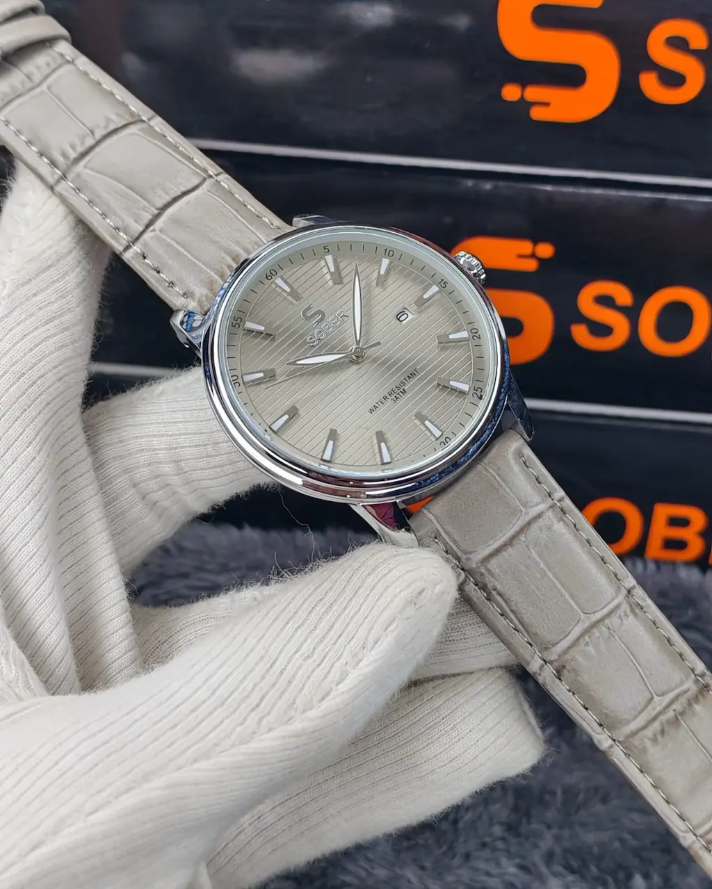 Elegant Champagne Silver Dial with Premium( A10) Beige Leather Strap 311