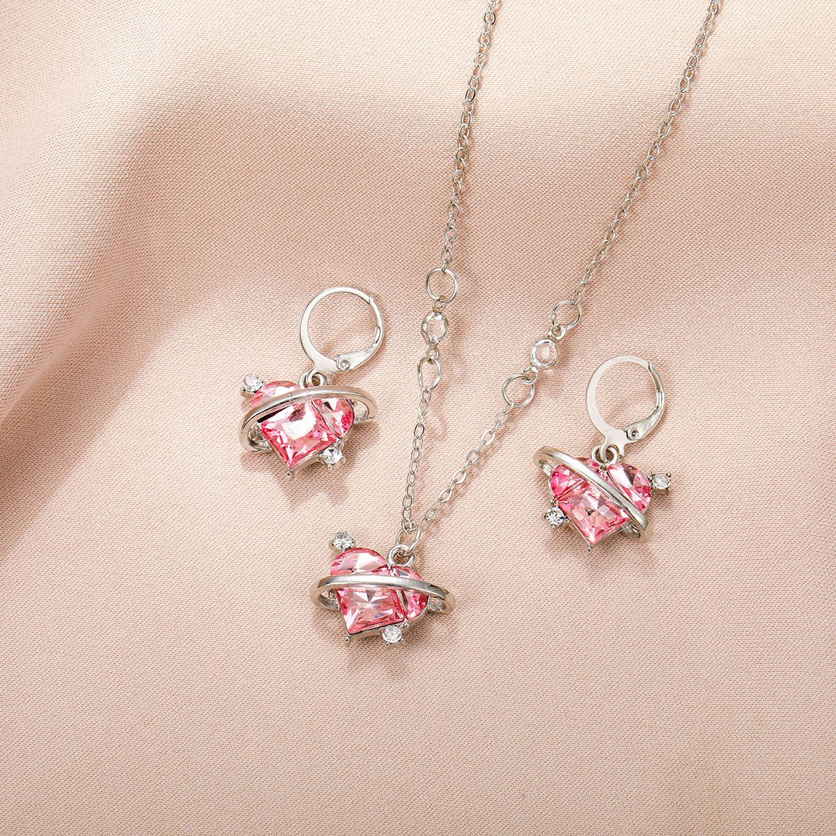 sweet cool style pink zircon love planet earrings necklace set female personality temperament jewelry set 87