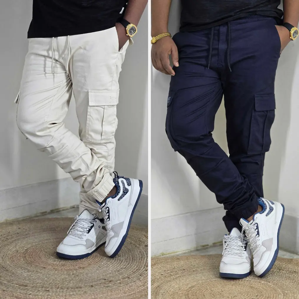 Premium Stretch Cotton Cargo Joggers(White&DeepNavy) Combo– Comfort Fit | Casual & Streetwear Style 134