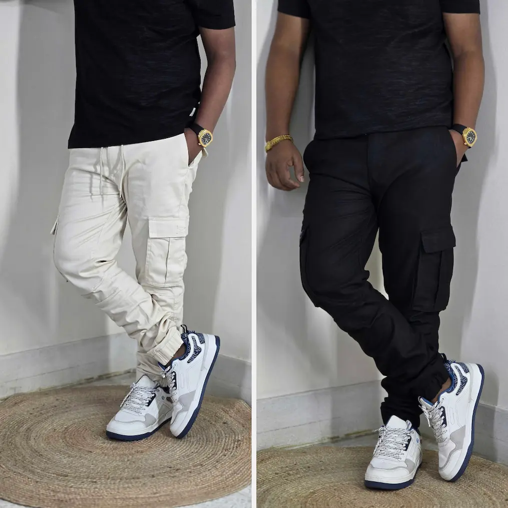 Premium Stretch Cotton Cargo Joggers(White&Black) Combo– Comfort Fit | Casual & Streetwear Style 135