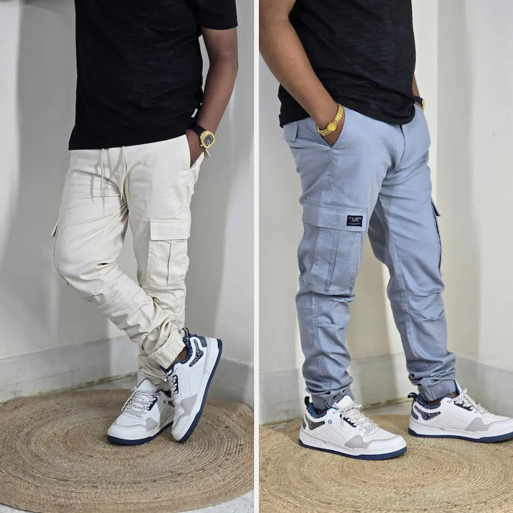 Premium Stretch Cotton Cargo Joggers(White&Sky) Combo– Comfort Fit | Casual & Streetwear Style 136