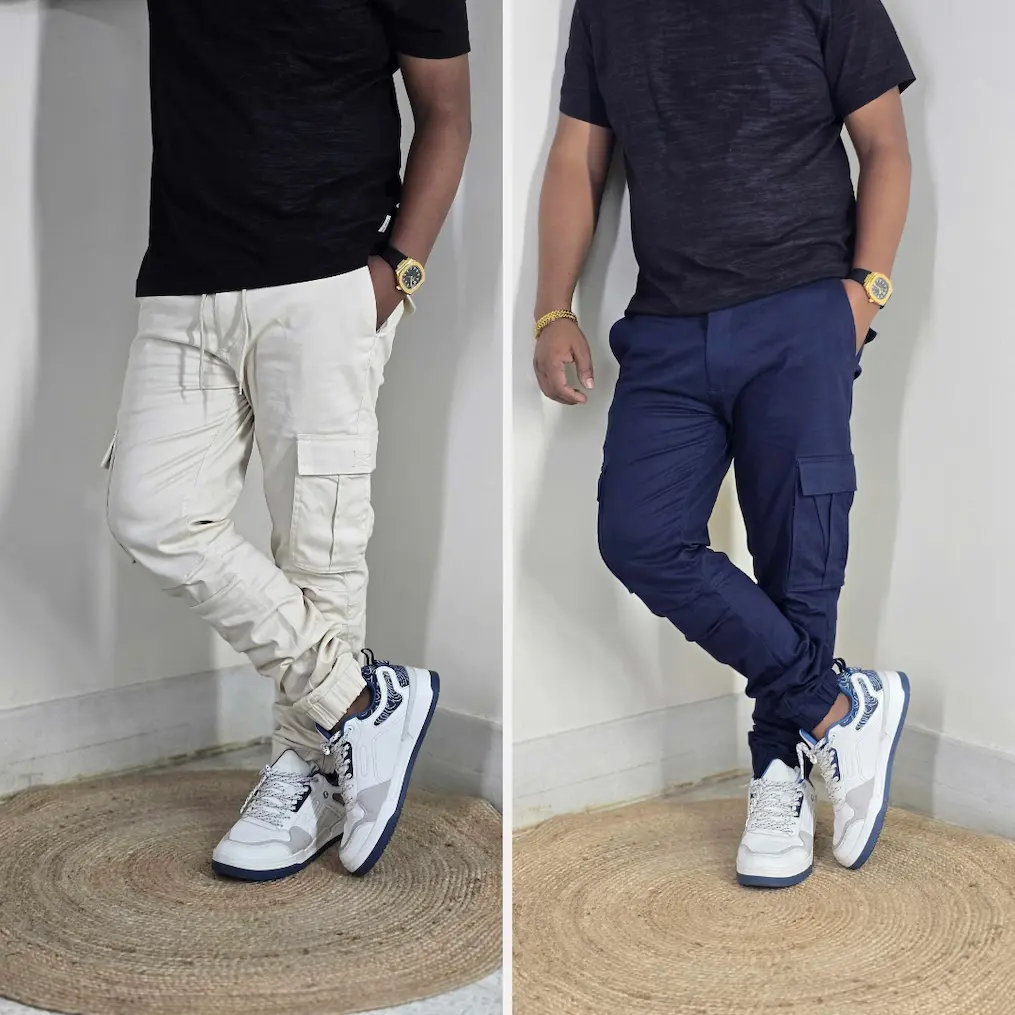 Premium Stretch Cotton Cargo Joggers(White&LightNavy) Combo– Comfort Fit | Casual & Streetwear Style 137